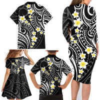 Plumeria With Black Polynesian Tattoo Pattern Family Matching Long Sleeve Bodycon Dress and Hawaiian Shirt LT05 - Polynesian Pride