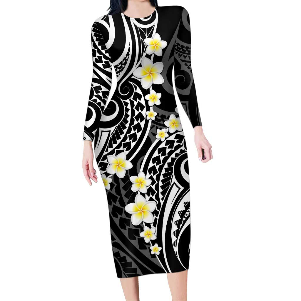 Plumeria With Black Polynesian Tattoo Pattern Family Matching Long Sleeve Bodycon Dress and Hawaiian Shirt LT05 Mom's Dress Black - Polynesian Pride