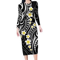 Plumeria With Black Polynesian Tattoo Pattern Family Matching Long Sleeve Bodycon Dress and Hawaiian Shirt LT05 Mom's Dress Black - Polynesian Pride