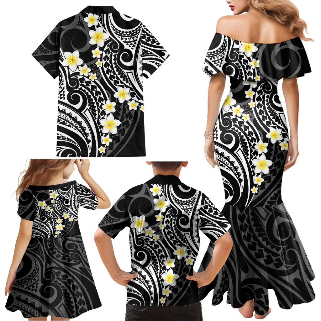 Plumeria With Black Polynesian Tattoo Pattern Family Matching Mermaid Dress and Hawaiian Shirt LT05 - Polynesian Pride