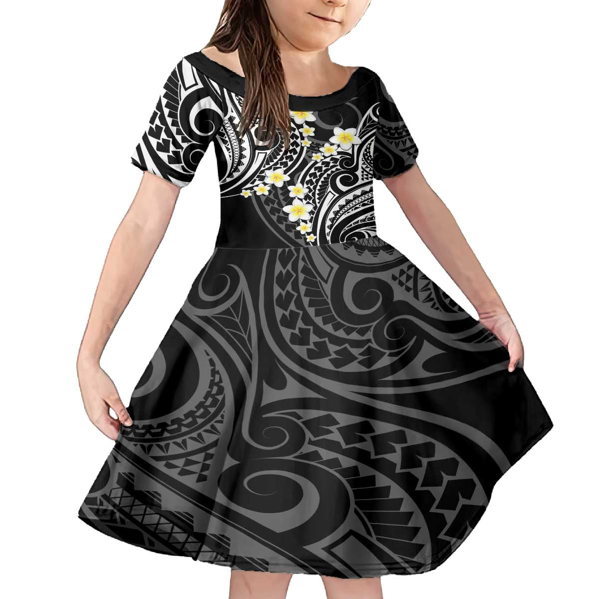 Plumeria With Black Polynesian Tattoo Pattern Family Matching Off The Shoulder Long Sleeve Dress and Hawaiian Shirt LT05 Daughter's Dress Black - Polynesian Pride