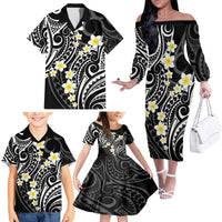 Plumeria With Black Polynesian Tattoo Pattern Family Matching Off The Shoulder Long Sleeve Dress and Hawaiian Shirt LT05 - Polynesian Pride