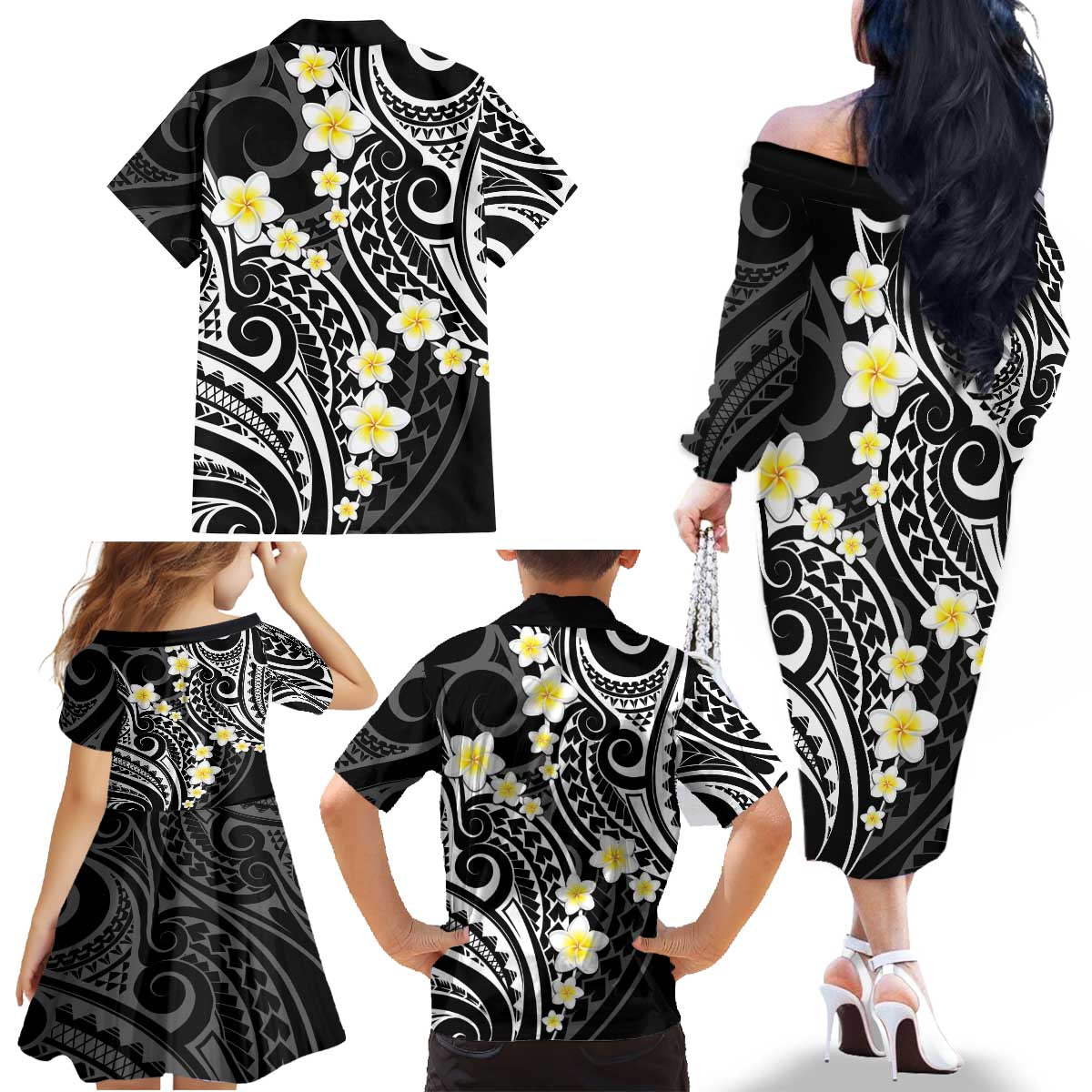 Plumeria With Black Polynesian Tattoo Pattern Family Matching Off The Shoulder Long Sleeve Dress and Hawaiian Shirt LT05 - Polynesian Pride