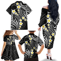 Plumeria With Black Polynesian Tattoo Pattern Family Matching Off The Shoulder Long Sleeve Dress and Hawaiian Shirt LT05 - Polynesian Pride