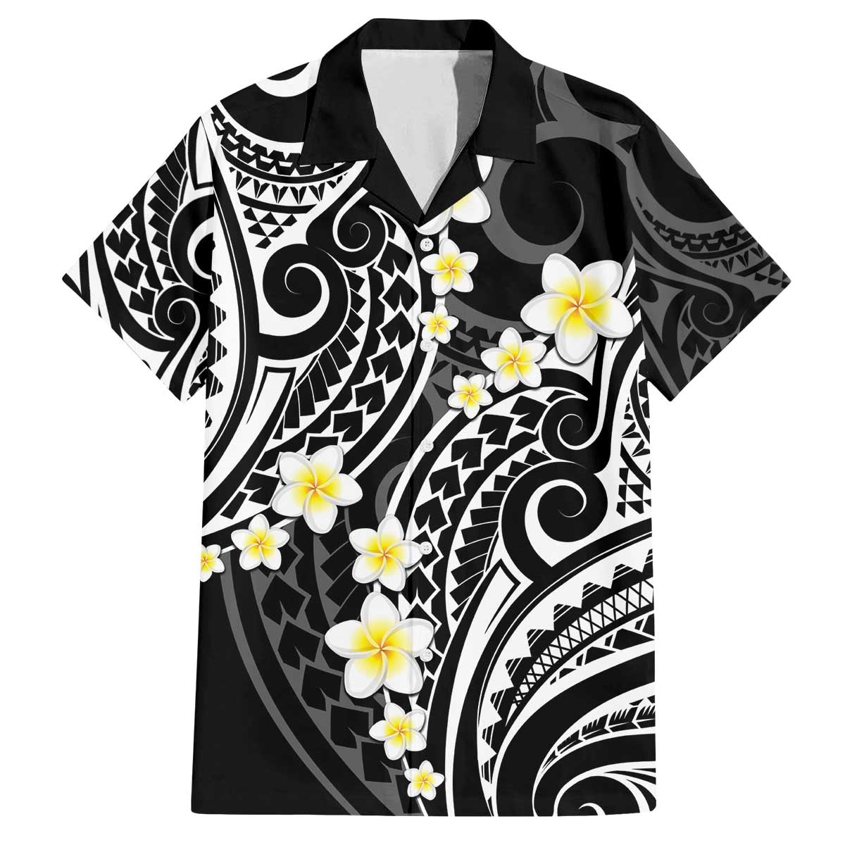 Plumeria With Black Polynesian Tattoo Pattern Family Matching Off The Shoulder Long Sleeve Dress and Hawaiian Shirt LT05 Dad's Shirt - Short Sleeve Black - Polynesian Pride