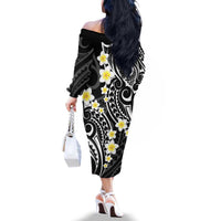 Plumeria With Black Polynesian Tattoo Pattern Family Matching Off The Shoulder Long Sleeve Dress and Hawaiian Shirt LT05 - Polynesian Pride