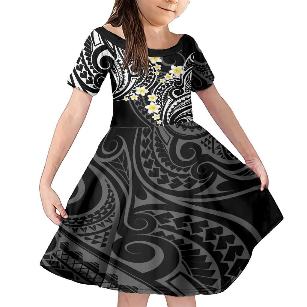 Plumeria With Black Polynesian Tattoo Pattern Family Matching Off Shoulder Maxi Dress and Hawaiian Shirt LT05 Daughter's Dress Black - Polynesian Pride