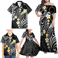 Plumeria With Black Polynesian Tattoo Pattern Family Matching Off Shoulder Maxi Dress and Hawaiian Shirt LT05 - Polynesian Pride