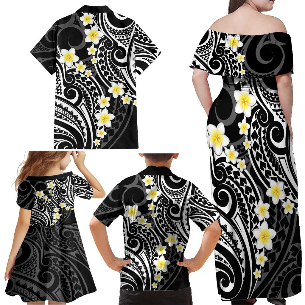 Plumeria With Black Polynesian Tattoo Pattern Family Matching Off Shoulder Maxi Dress and Hawaiian Shirt LT05 - Polynesian Pride