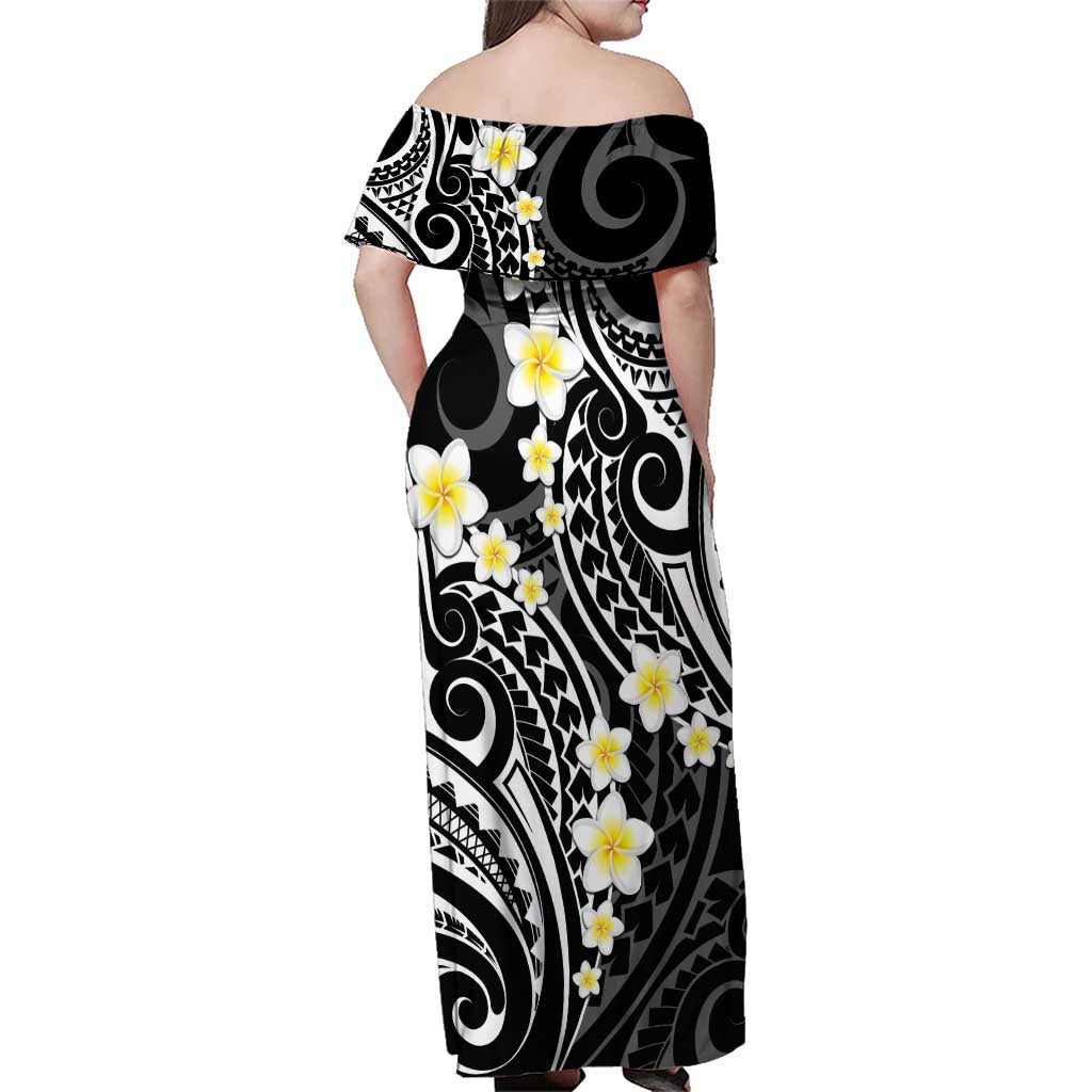 Plumeria With Black Polynesian Tattoo Pattern Family Matching Off Shoulder Maxi Dress and Hawaiian Shirt LT05 - Polynesian Pride