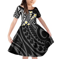 Plumeria With Black Polynesian Tattoo Pattern Family Matching Off Shoulder Short Dress and Hawaiian Shirt LT05 Daughter's Dress Black - Polynesian Pride