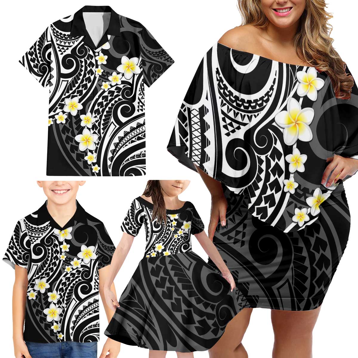 Plumeria With Black Polynesian Tattoo Pattern Family Matching Off Shoulder Short Dress and Hawaiian Shirt LT05 - Polynesian Pride