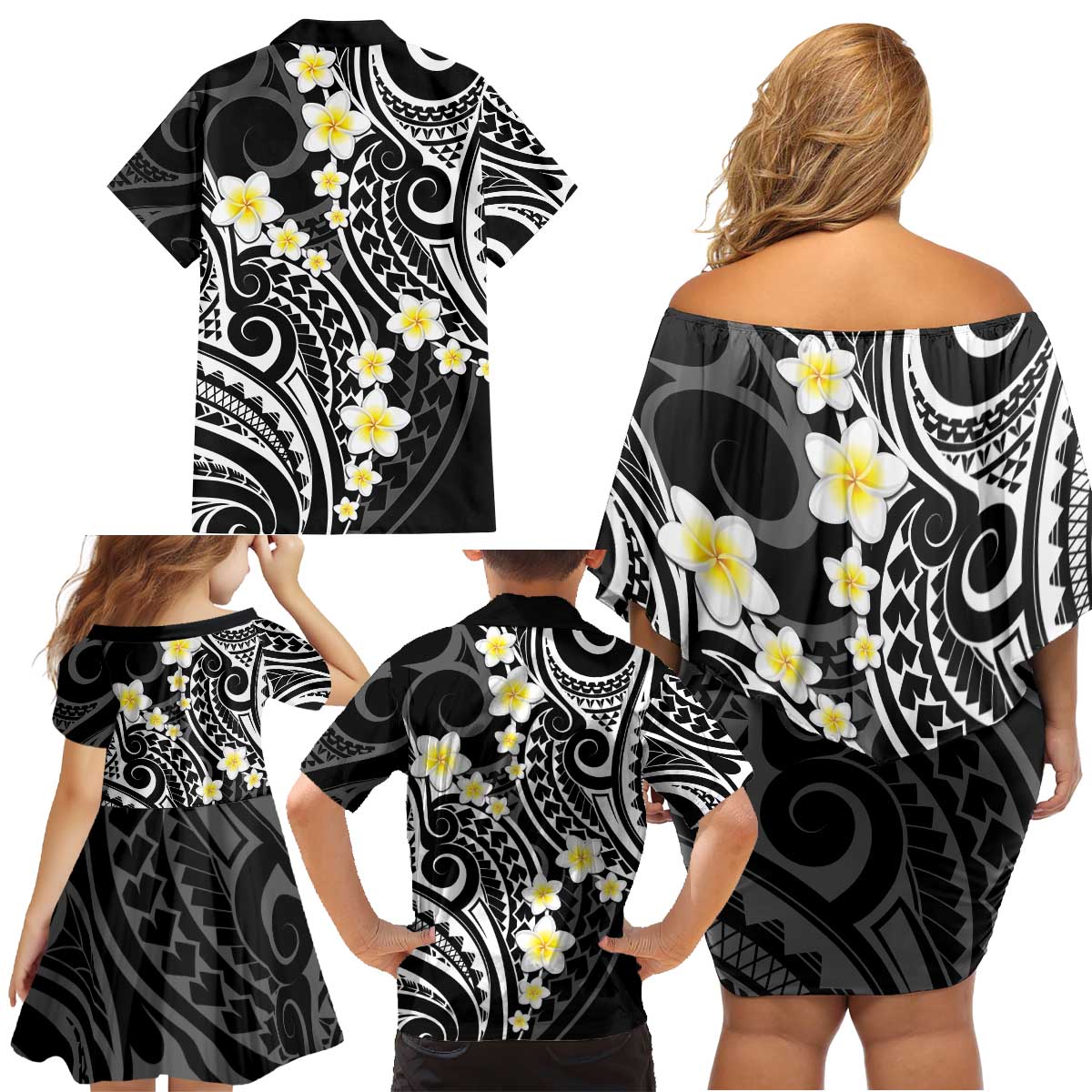 Plumeria With Black Polynesian Tattoo Pattern Family Matching Off Shoulder Short Dress and Hawaiian Shirt LT05 - Polynesian Pride