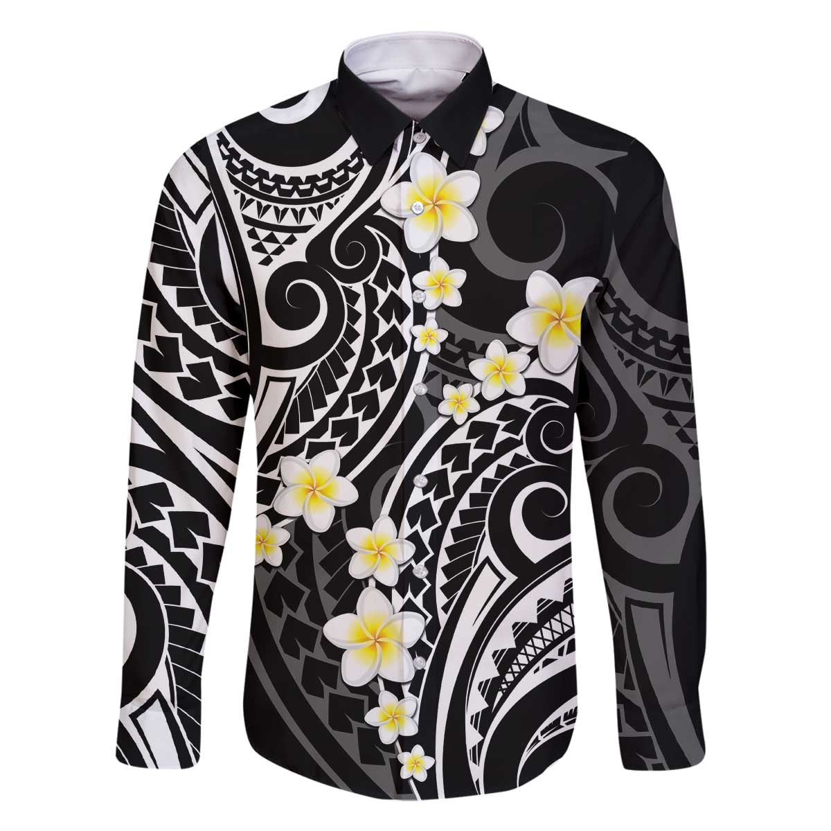 Plumeria With Black Polynesian Tattoo Pattern Family Matching Off Shoulder Short Dress and Hawaiian Shirt LT05 Dad's Shirt - Long Sleeve Black - Polynesian Pride