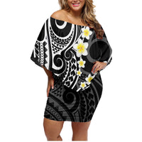 Plumeria With Black Polynesian Tattoo Pattern Family Matching Off Shoulder Short Dress and Hawaiian Shirt LT05 Mom's Dress Black - Polynesian Pride