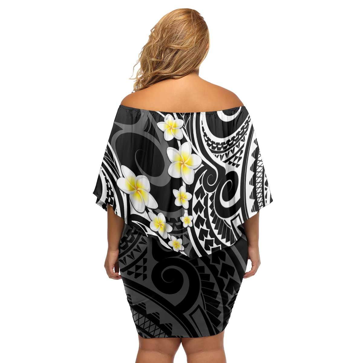 Plumeria With Black Polynesian Tattoo Pattern Family Matching Off Shoulder Short Dress and Hawaiian Shirt LT05 - Polynesian Pride