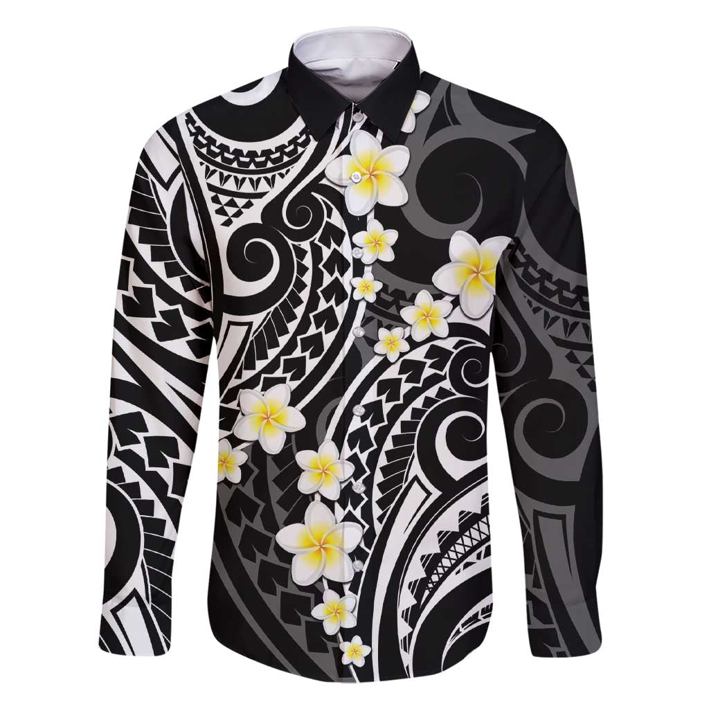 Plumeria With Black Polynesian Tattoo Pattern Family Matching Short Sleeve Bodycon Dress and Hawaiian Shirt LT05 Dad's Shirt - Long Sleeve Black - Polynesian Pride