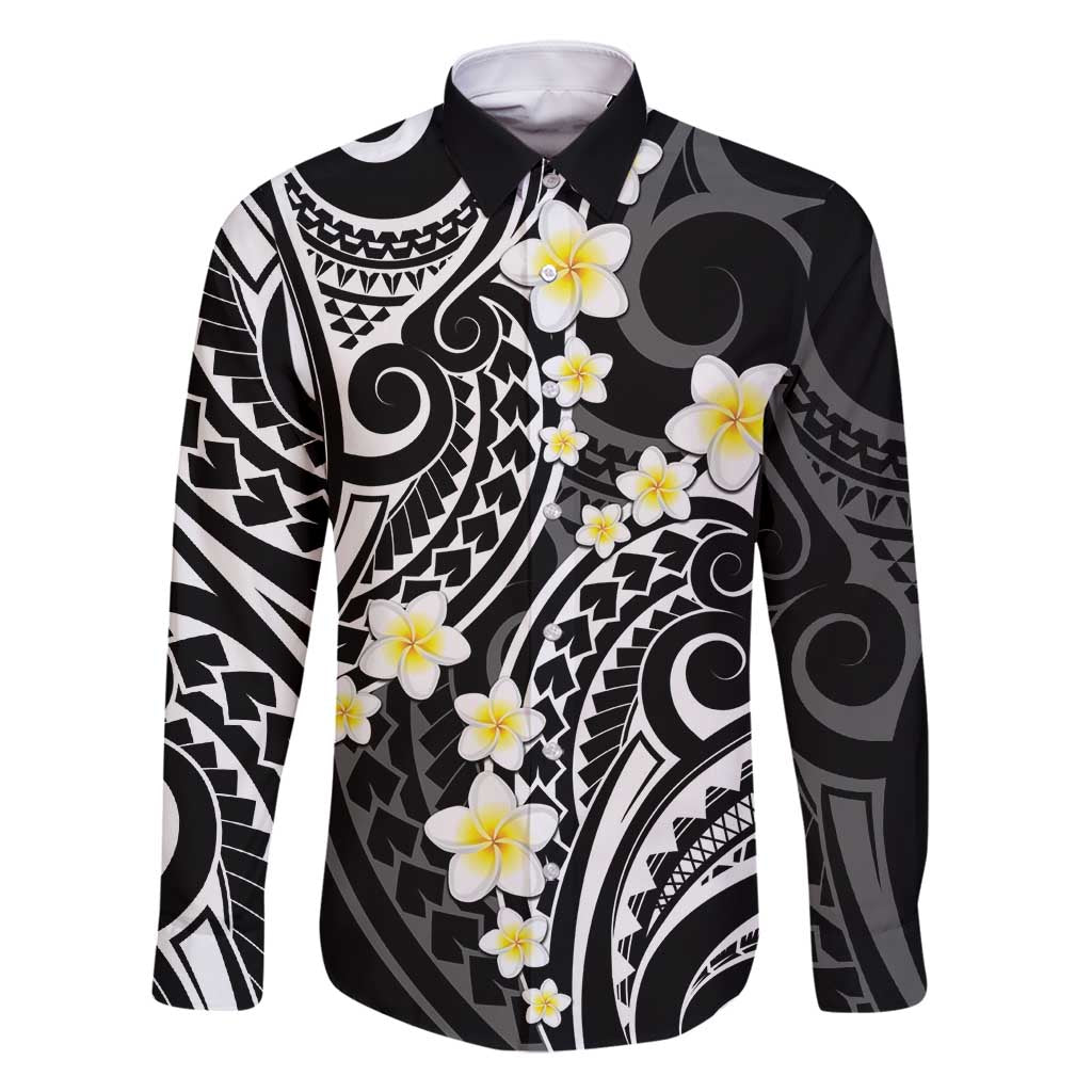 Plumeria With Black Polynesian Tattoo Pattern Family Matching Summer Maxi Dress and Hawaiian Shirt LT05 Dad's Shirt - Long Sleeve Black - Polynesian Pride