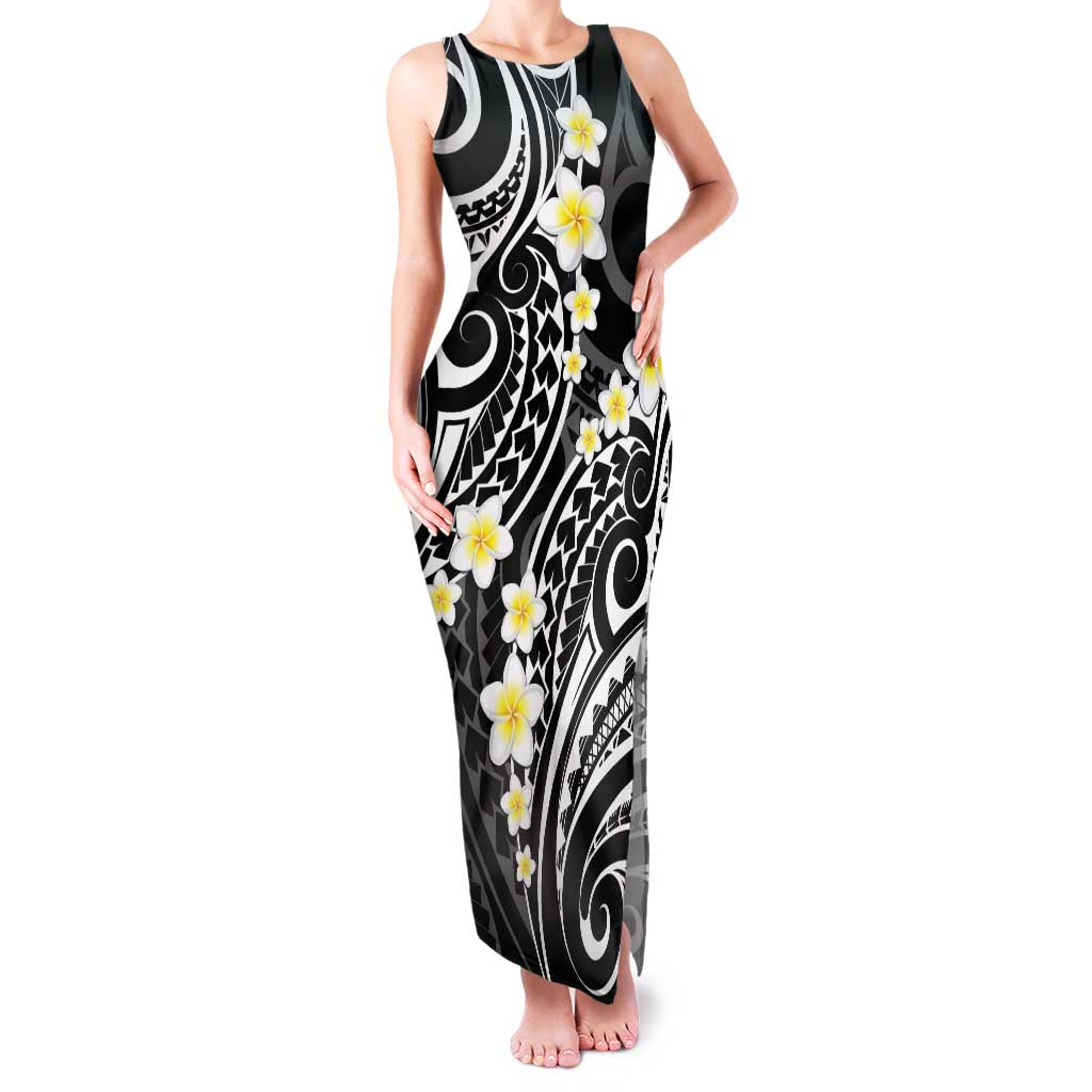 Plumeria With Black Polynesian Tattoo Pattern Family Matching Tank Maxi Dress and Hawaiian Shirt LT05 Mom's Dress Black - Polynesian Pride
