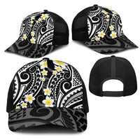 Plumeria With Black Polynesian Tattoo Pattern Mesh Trucker Cap - Polynesian Pride