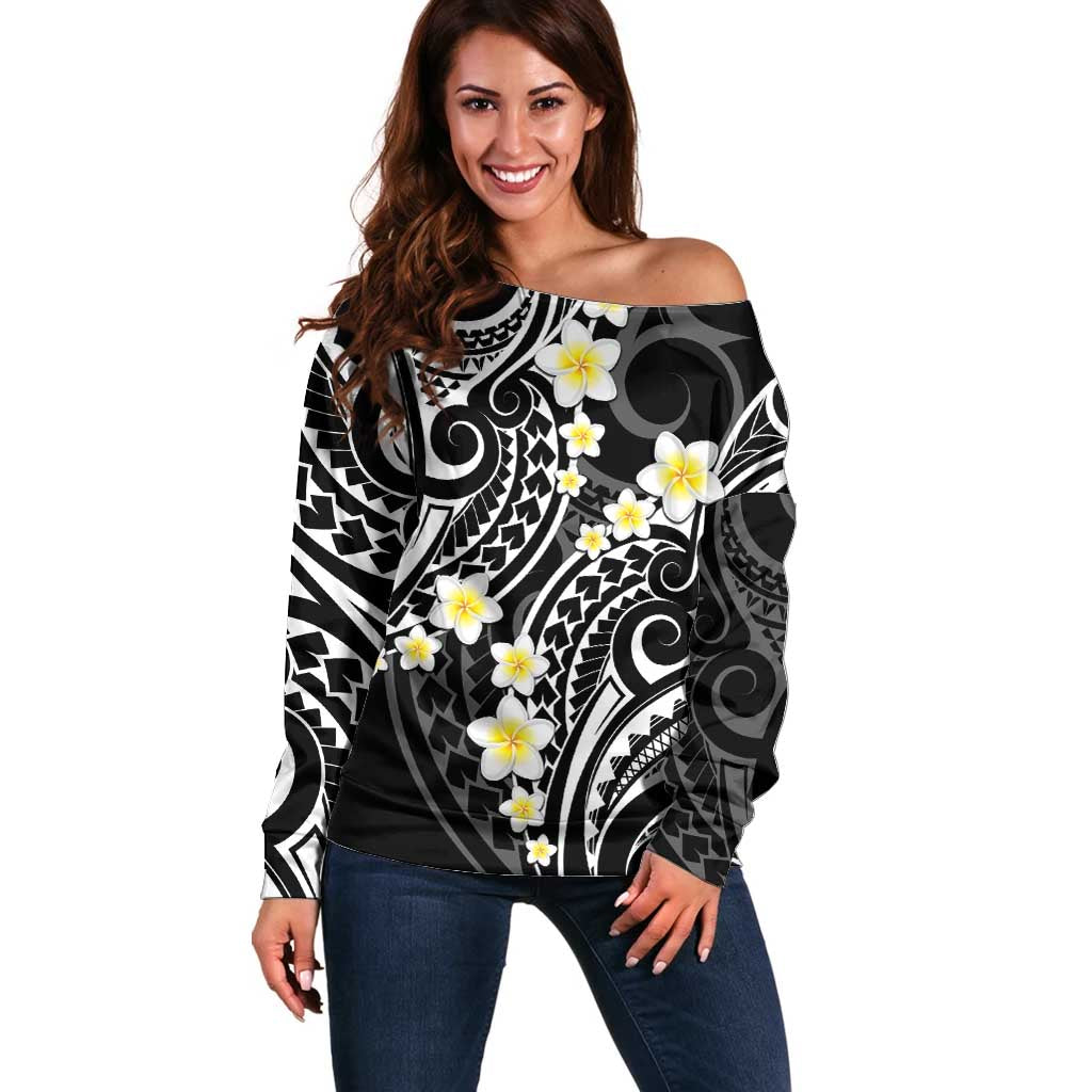 Plumeria With Black Polynesian Tattoo Pattern Off Shoulder Sweater LT05 Women Black - Polynesian Pride