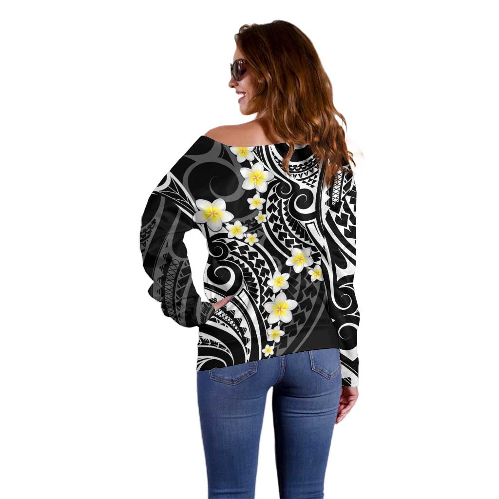 Plumeria With Black Polynesian Tattoo Pattern Off Shoulder Sweater