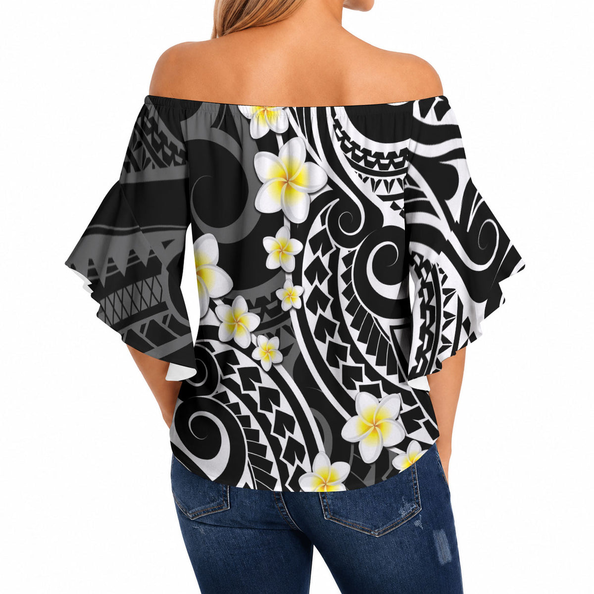 Plumeria With Black Polynesian Tattoo Pattern Off Shoulder Wrap Waist Top LT05 - Polynesian Pride