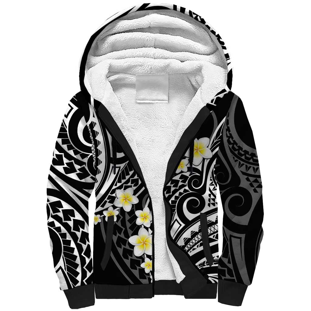 Plumeria With Black Polynesian Tattoo Pattern Sherpa Hoodie LT05 Unisex Black - Polynesian Pride