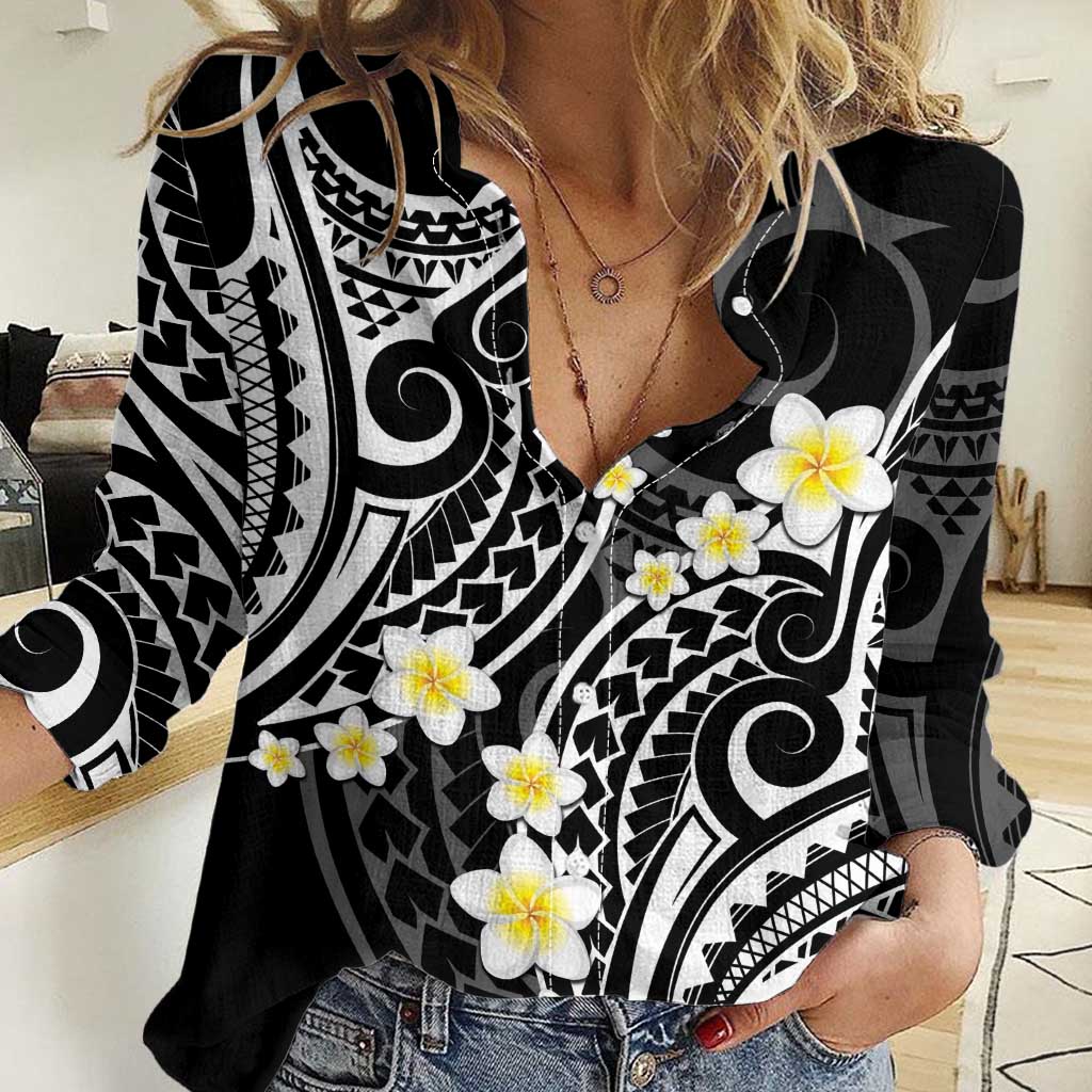 Plumeria With Black Polynesian Tattoo Pattern Women Casual Shirt LT05 Female Black - Polynesian Pride