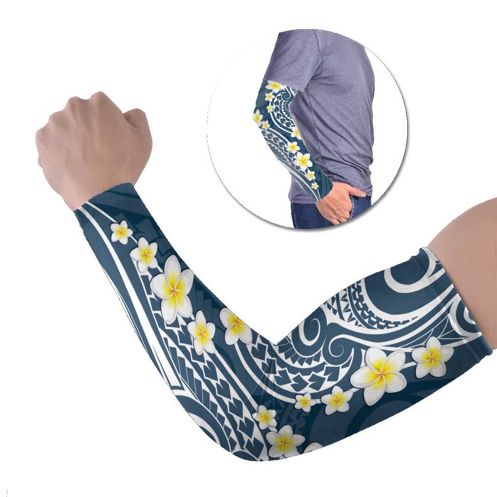 Plumeria With Blue Polynesian Tattoo Pattern Arm Sleeves - Polynesian Pride