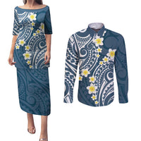 Plumeria With Blue Polynesian Tattoo Pattern Couples Matching Puletasi and Long Sleeve Button Shirt