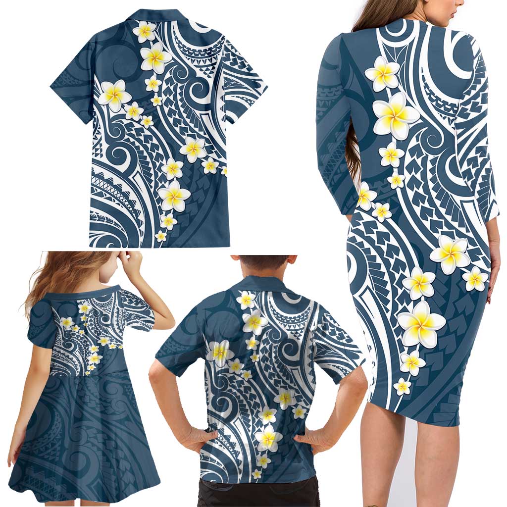 Plumeria With Blue Polynesian Tattoo Pattern Family Matching Long Sleeve Bodycon Dress and Hawaiian Shirt LT05 - Polynesian Pride