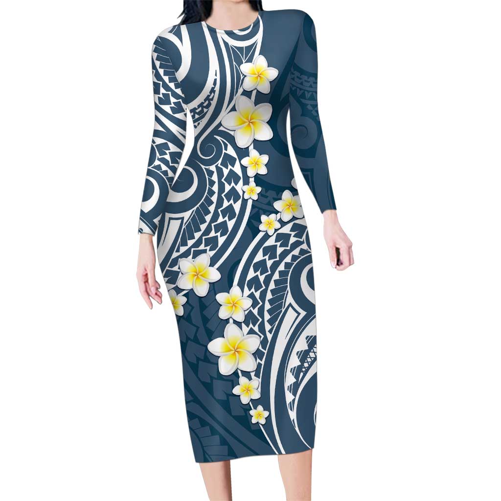 Plumeria With Blue Polynesian Tattoo Pattern Family Matching Long Sleeve Bodycon Dress and Hawaiian Shirt LT05 Mom's Dress Blue - Polynesian Pride