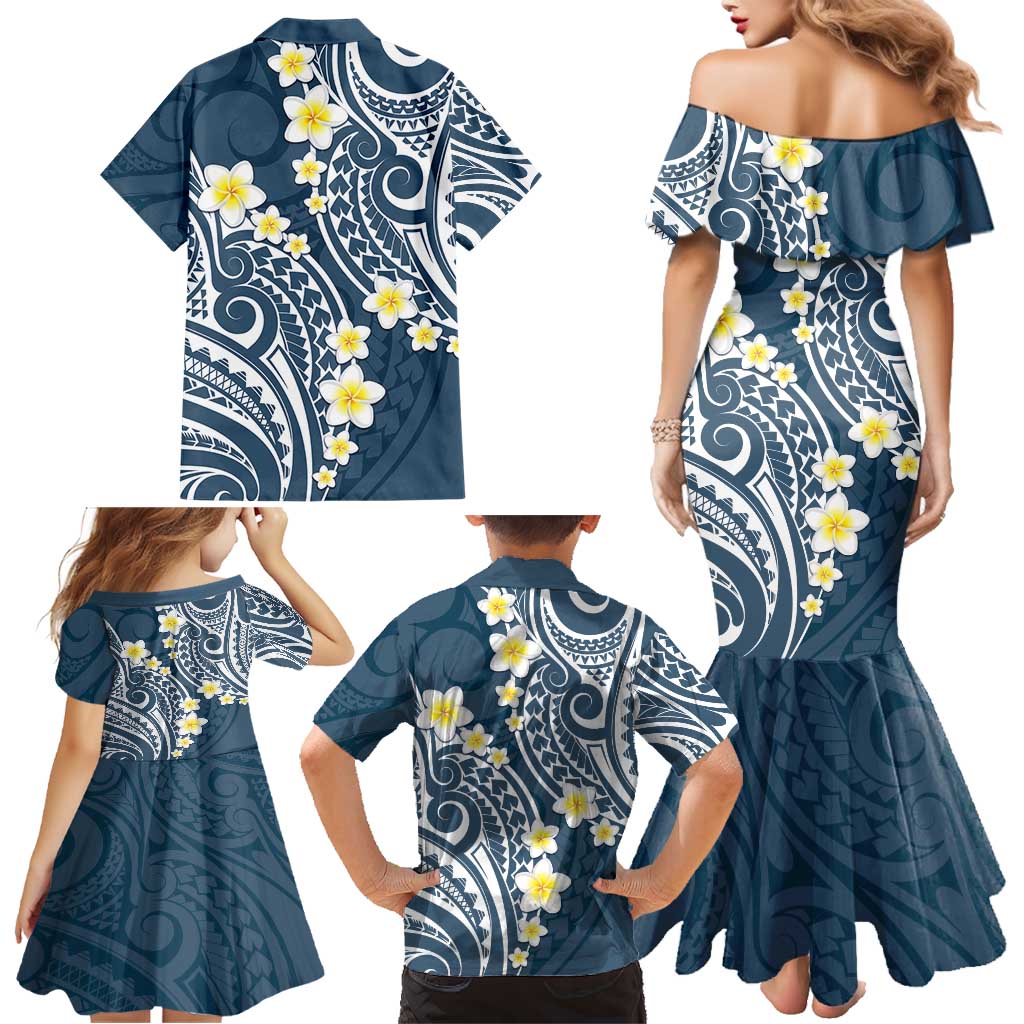 Plumeria With Blue Polynesian Tattoo Pattern Family Matching Mermaid Dress and Hawaiian Shirt LT05 - Polynesian Pride