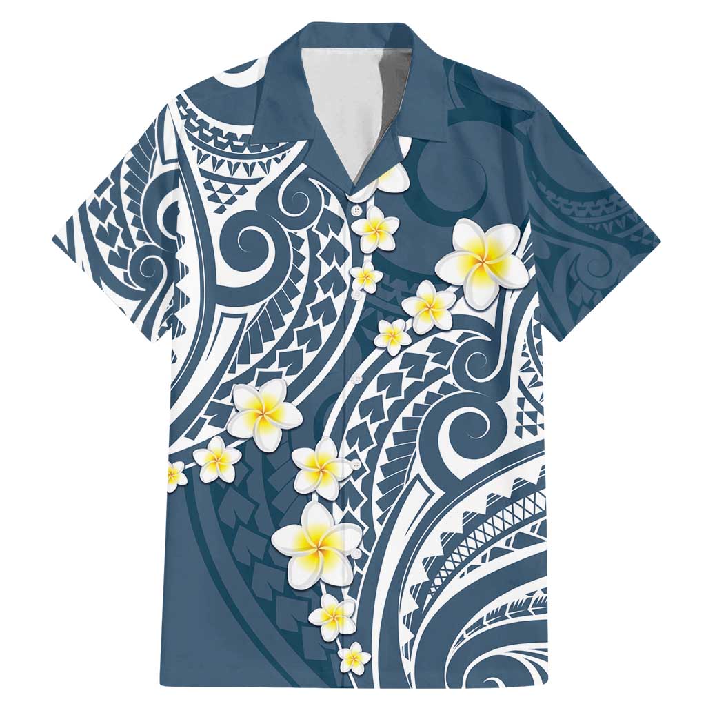 Plumeria With Blue Polynesian Tattoo Pattern Family Matching Mermaid Dress and Hawaiian Shirt LT05 Dad's Shirt - Short Sleeve Blue - Polynesian Pride