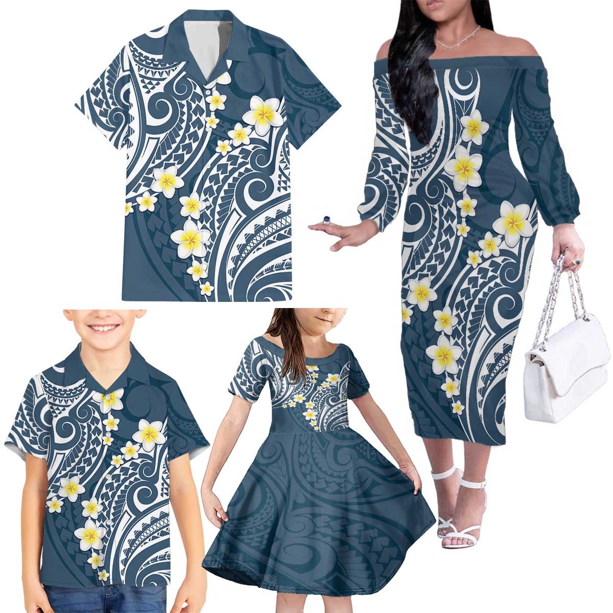 Plumeria With Blue Polynesian Tattoo Pattern Family Matching Off The Shoulder Long Sleeve Dress and Hawaiian Shirt LT05 - Polynesian Pride
