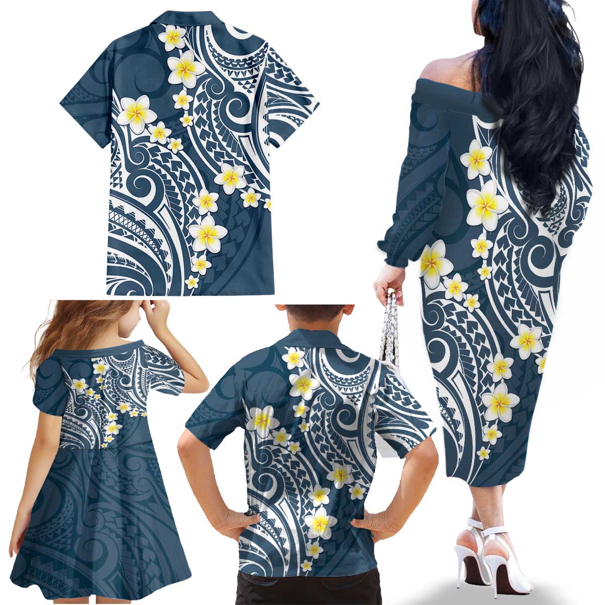 Plumeria With Blue Polynesian Tattoo Pattern Family Matching Off The Shoulder Long Sleeve Dress and Hawaiian Shirt LT05 - Polynesian Pride