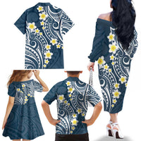Plumeria With Blue Polynesian Tattoo Pattern Family Matching Off The Shoulder Long Sleeve Dress and Hawaiian Shirt LT05 - Polynesian Pride