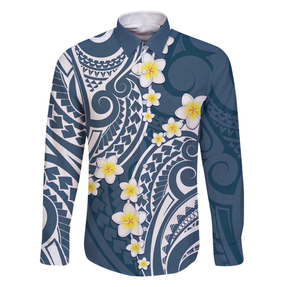 Plumeria With Blue Polynesian Tattoo Pattern Family Matching Off The Shoulder Long Sleeve Dress and Hawaiian Shirt LT05 Dad's Shirt - Long Sleeve Blue - Polynesian Pride
