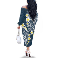 Plumeria With Blue Polynesian Tattoo Pattern Family Matching Off The Shoulder Long Sleeve Dress and Hawaiian Shirt LT05 - Polynesian Pride