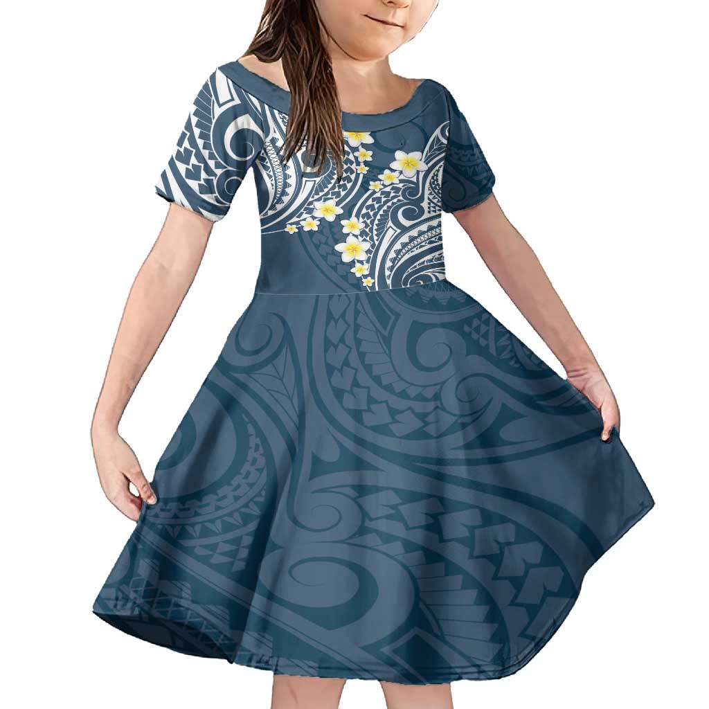 Plumeria With Blue Polynesian Tattoo Pattern Family Matching Off Shoulder Maxi Dress and Hawaiian Shirt LT05 Daughter's Dress Blue - Polynesian Pride