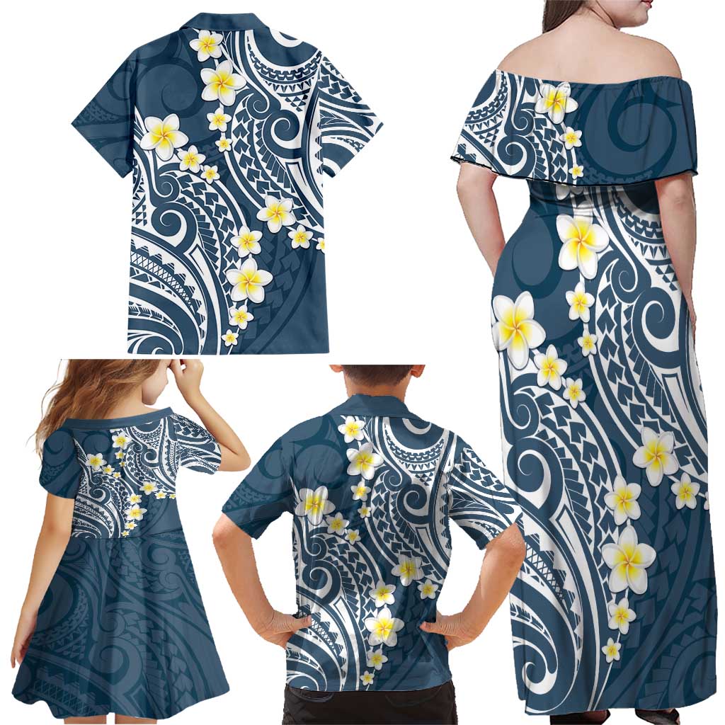 Plumeria With Blue Polynesian Tattoo Pattern Family Matching Off Shoulder Maxi Dress and Hawaiian Shirt LT05 - Polynesian Pride