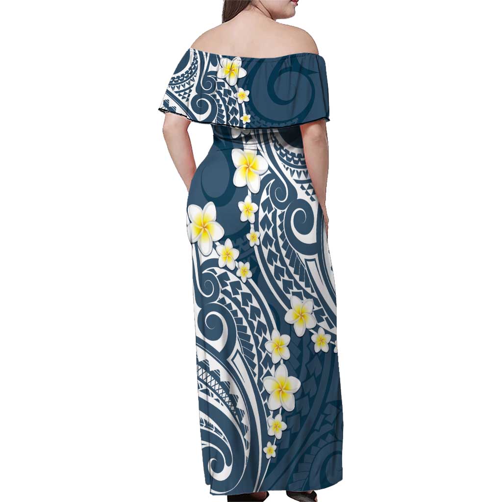 Plumeria With Blue Polynesian Tattoo Pattern Family Matching Off Shoulder Maxi Dress and Hawaiian Shirt LT05 - Polynesian Pride