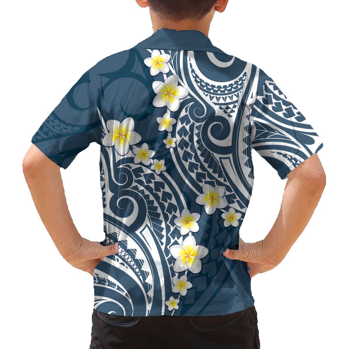 Plumeria With Blue Polynesian Tattoo Pattern Family Matching Off Shoulder Short Dress and Hawaiian Shirt LT05 - Polynesian Pride