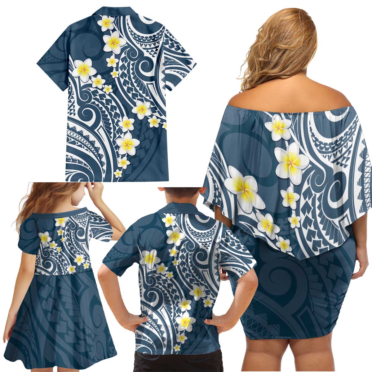 Plumeria With Blue Polynesian Tattoo Pattern Family Matching Off Shoulder Short Dress and Hawaiian Shirt LT05 - Polynesian Pride