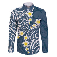 Plumeria With Blue Polynesian Tattoo Pattern Family Matching Off Shoulder Short Dress and Hawaiian Shirt LT05 Dad's Shirt - Long Sleeve Blue - Polynesian Pride