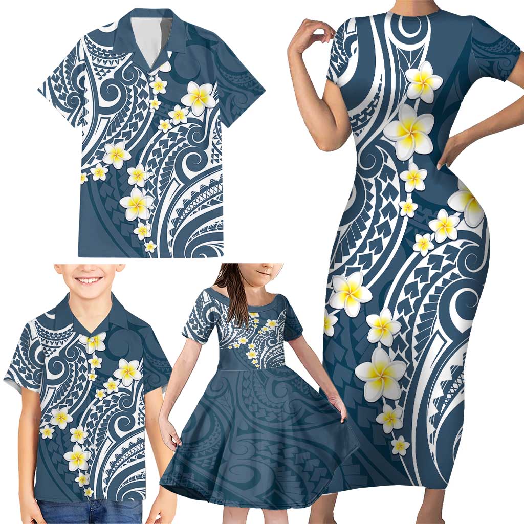 Plumeria With Blue Polynesian Tattoo Pattern Family Matching Short Sleeve Bodycon Dress and Hawaiian Shirt LT05 - Polynesian Pride