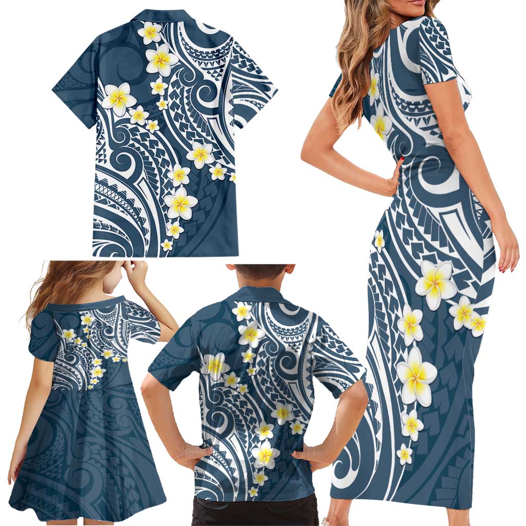 Plumeria With Blue Polynesian Tattoo Pattern Family Matching Short Sleeve Bodycon Dress and Hawaiian Shirt LT05 - Polynesian Pride