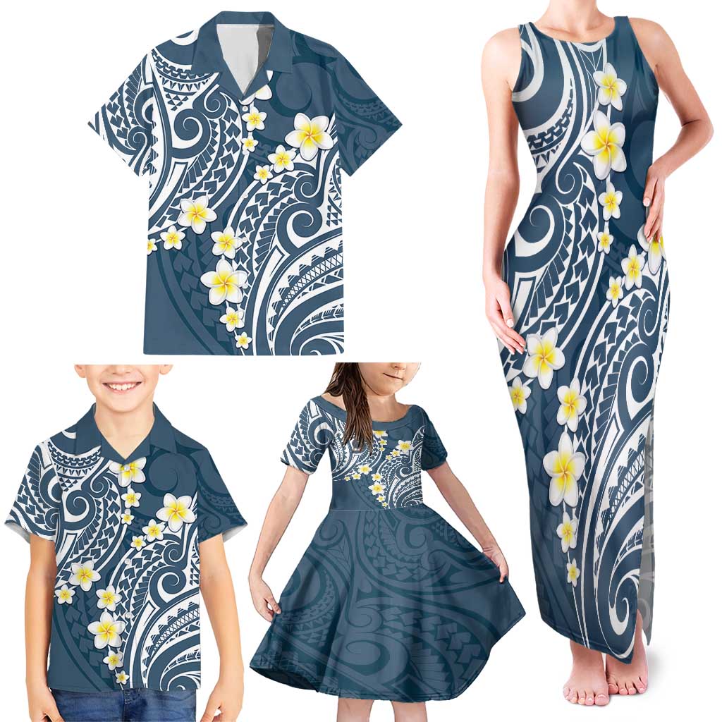 Plumeria With Blue Polynesian Tattoo Pattern Family Matching Tank Maxi Dress and Hawaiian Shirt LT05 - Polynesian Pride