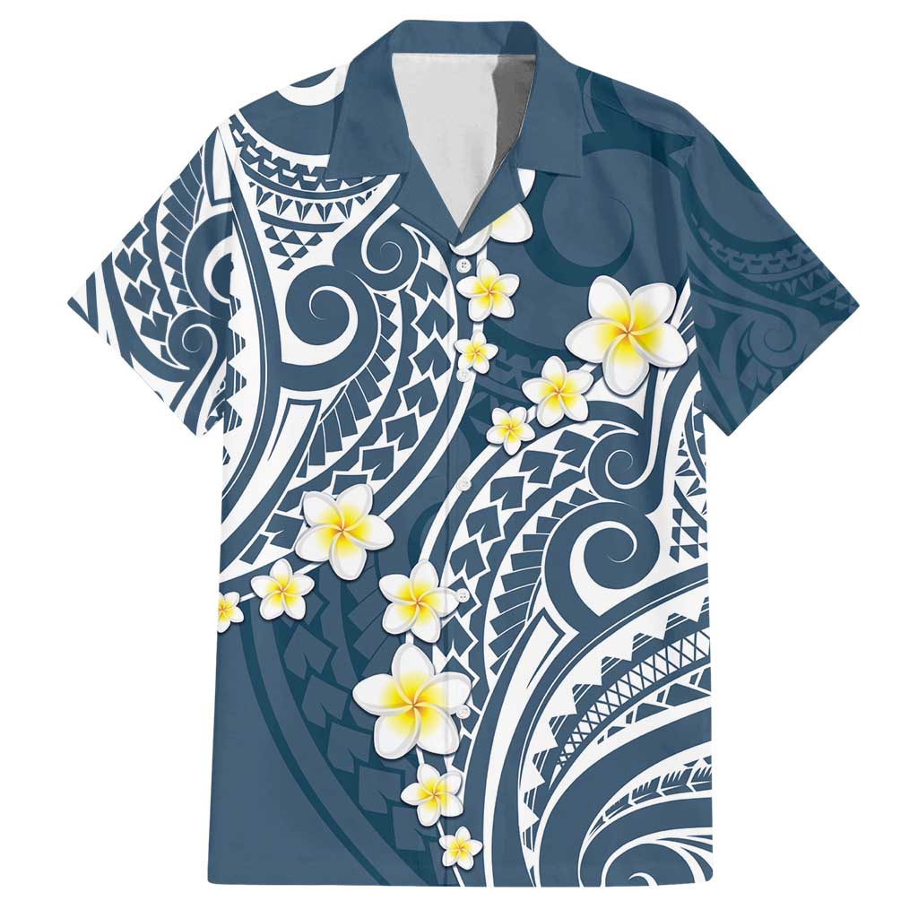 Plumeria With Blue Polynesian Tattoo Pattern Family Matching Tank Maxi Dress and Hawaiian Shirt LT05 Dad's Shirt - Short Sleeve Blue - Polynesian Pride